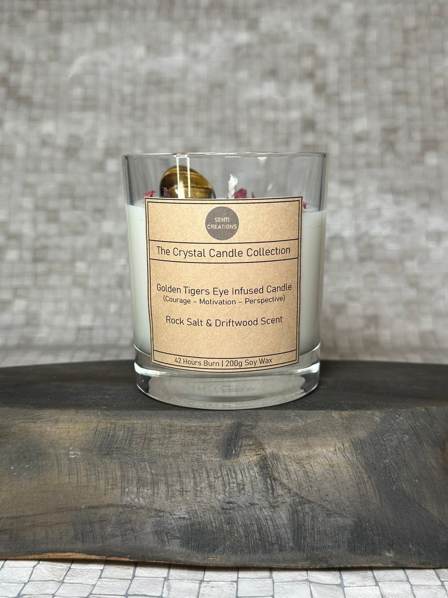 Golden Tigers Eye Infused crystal candle - Rock Salt and Driftwood Scent (200g)