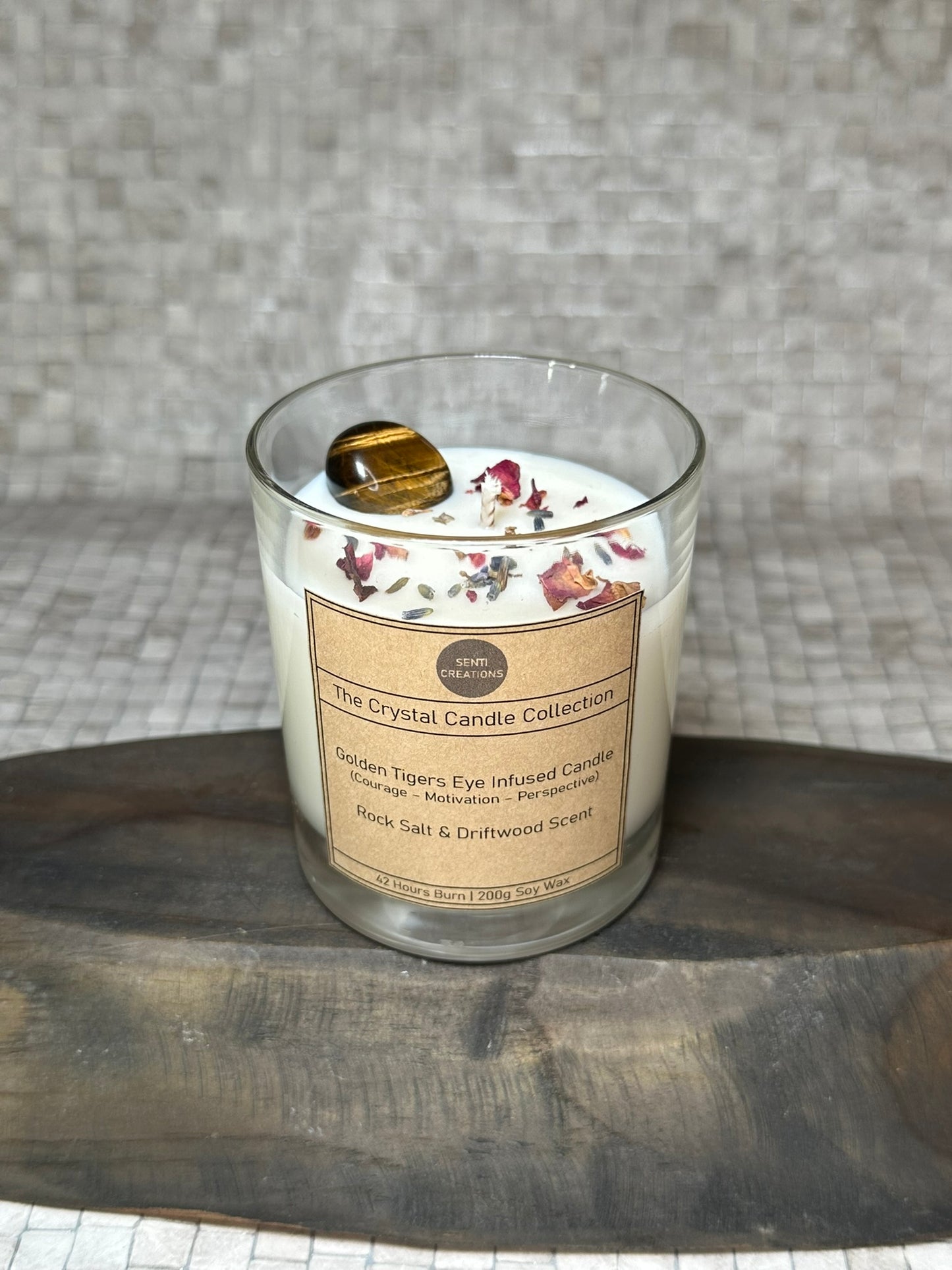 Golden Tigers Eye Infused crystal candle - Rock Salt and Driftwood Scent (200g)