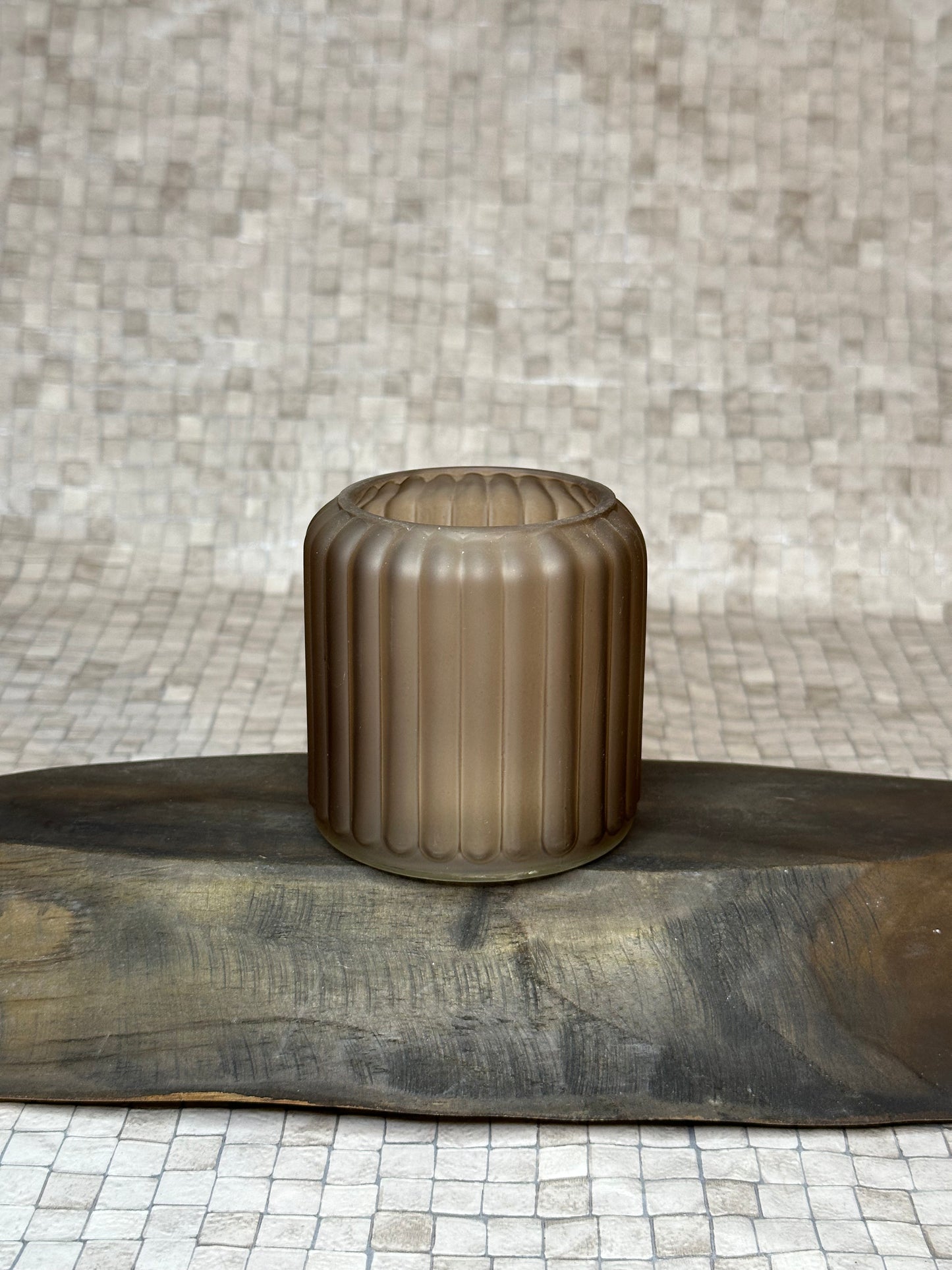 Brown Fluted Glass Crystal Infused Candle With Cotton Wick - Customisable (200g)