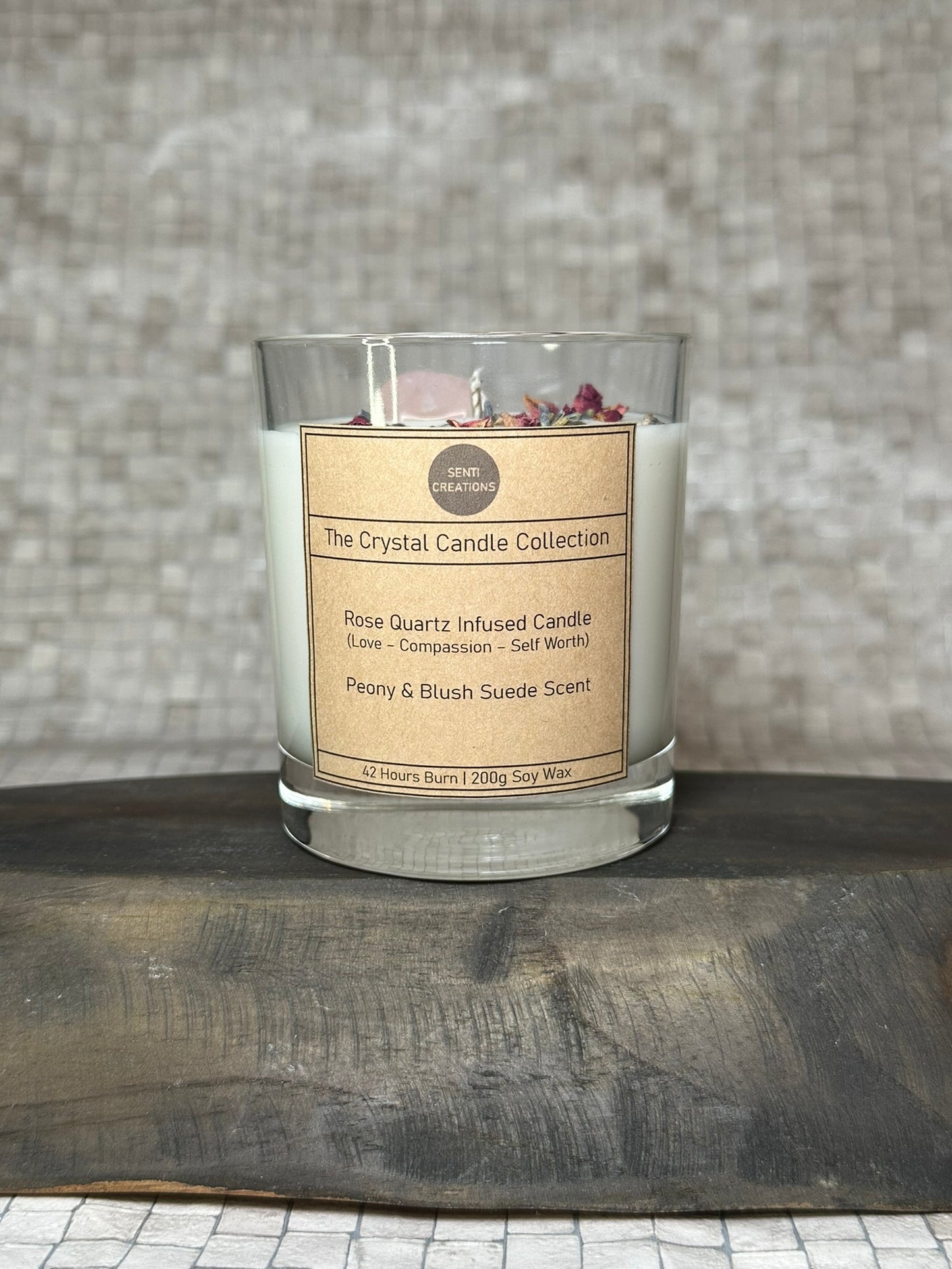 Rose Quartz Infused crystal candle - Peony & Blush Suede Scent (200g)