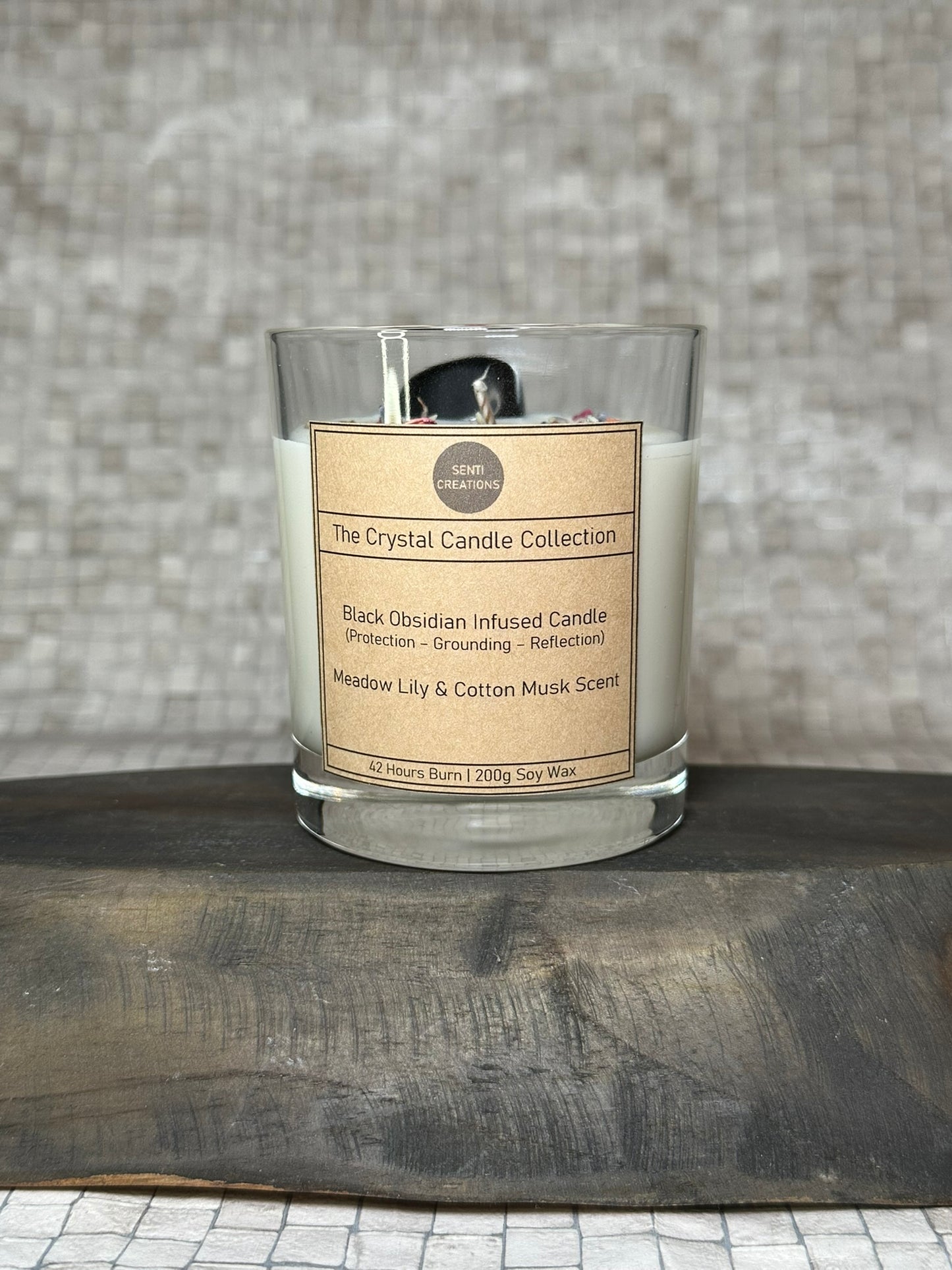 Black Obsidian Infused crystal candle - Meadow Lily & Cotton Musk Scent (200g)