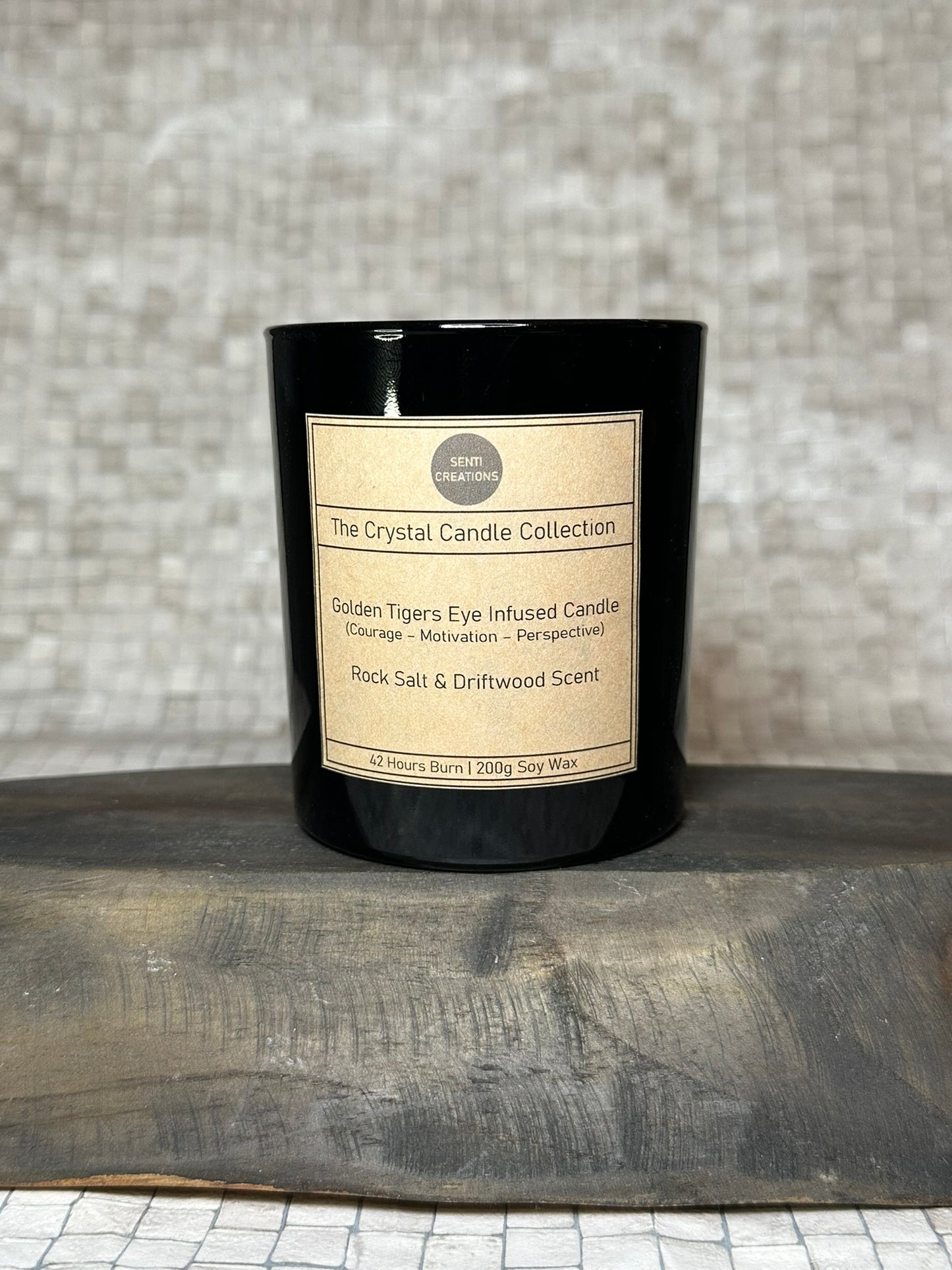 Golden Tigers Eye Infused crystal candle - Rock Salt and Driftwood Scent (200g)