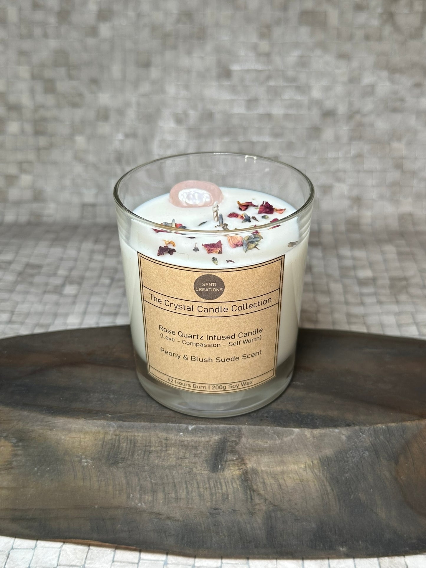 Rose Quartz Infused crystal candle - Peony & Blush Suede Scent (200g)