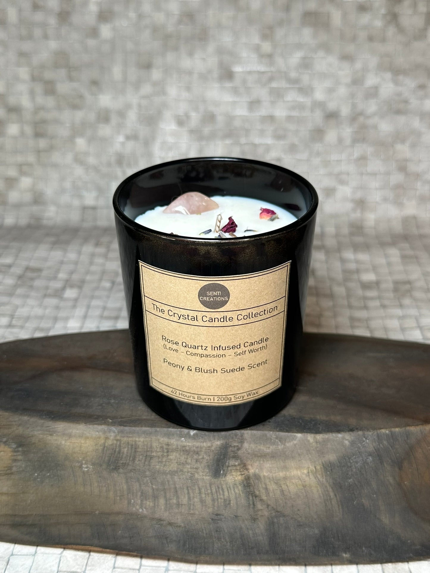 Rose Quartz Infused crystal candle - Peony & Blush Suede Scent (200g)