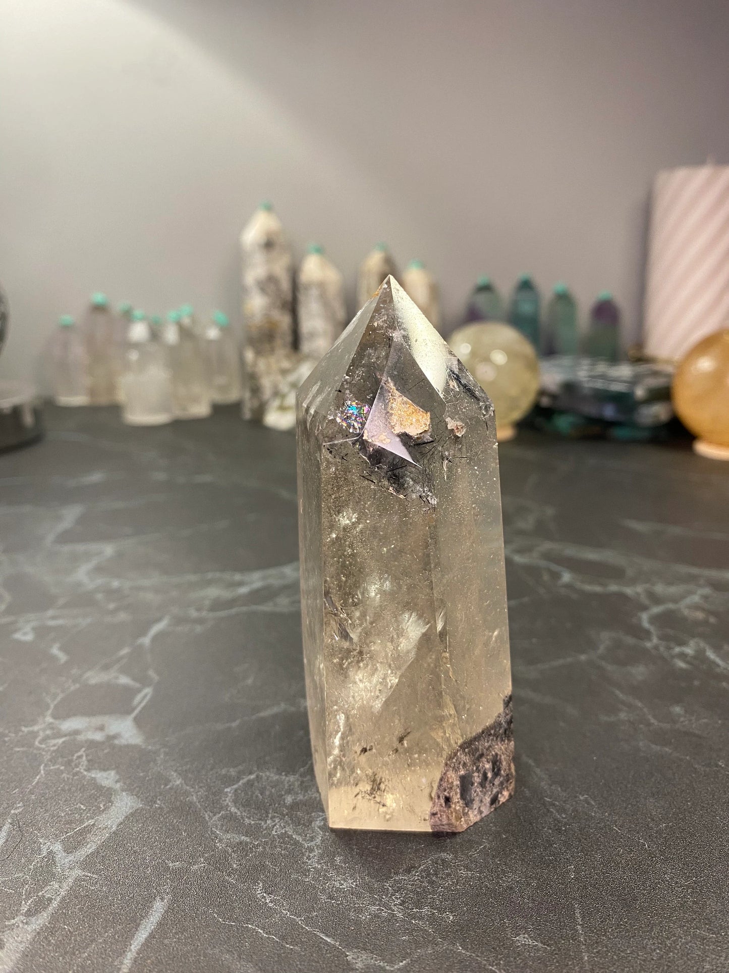 Smokey Quartz Point With Rainbows