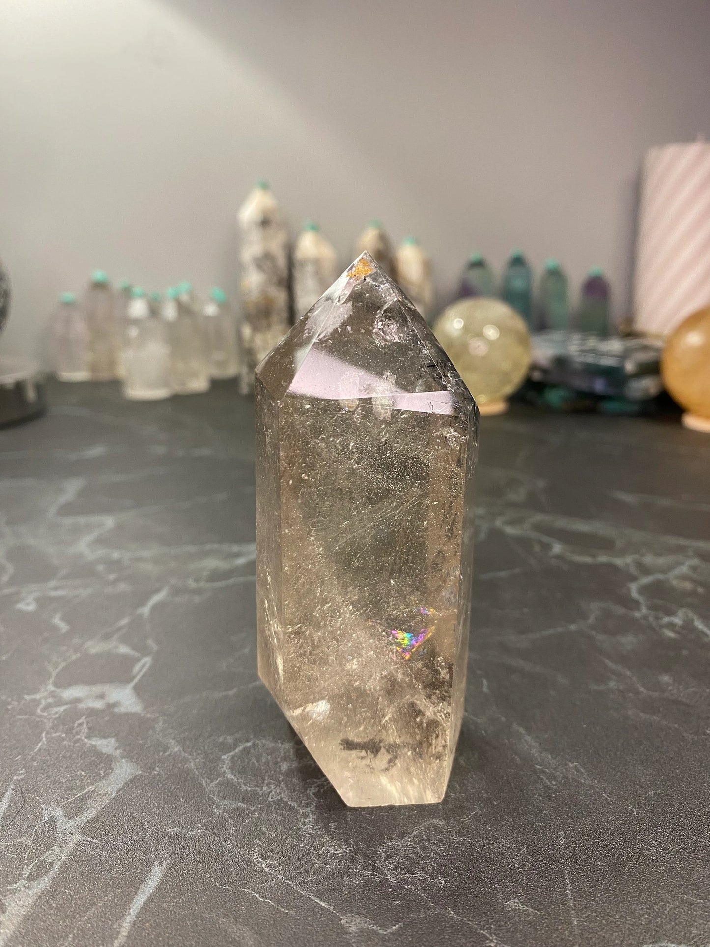 Smokey Quartz Point With Rainbows