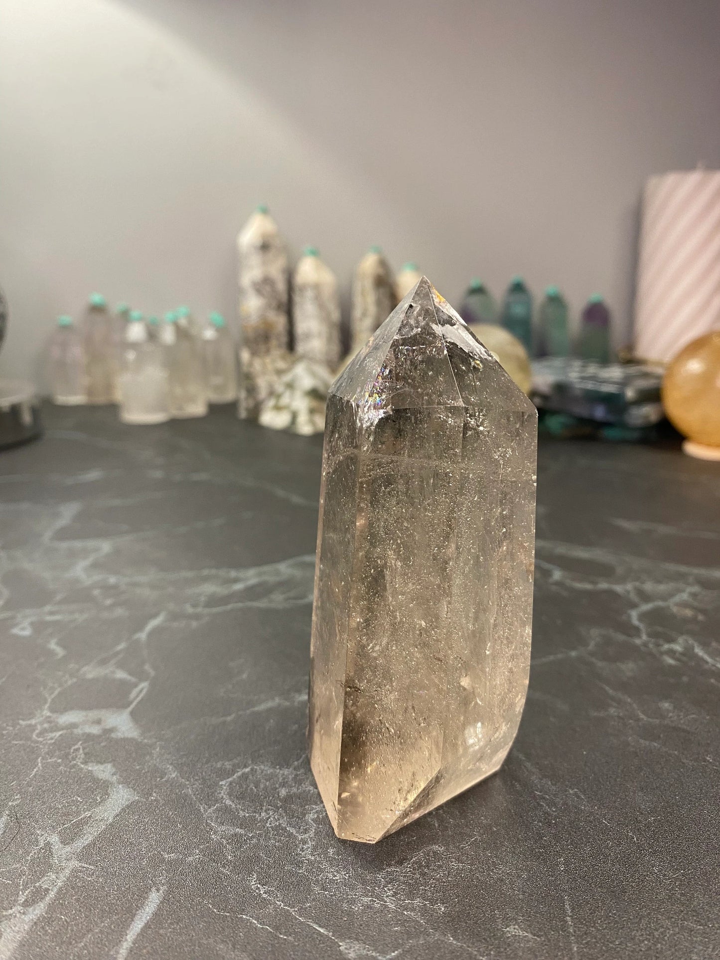 Smokey Quartz Point With Rainbows