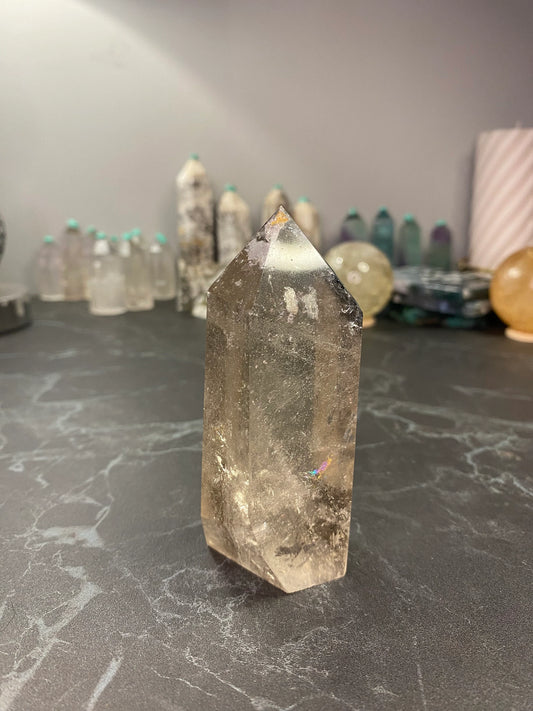 Smokey Quartz Point With Rainbows